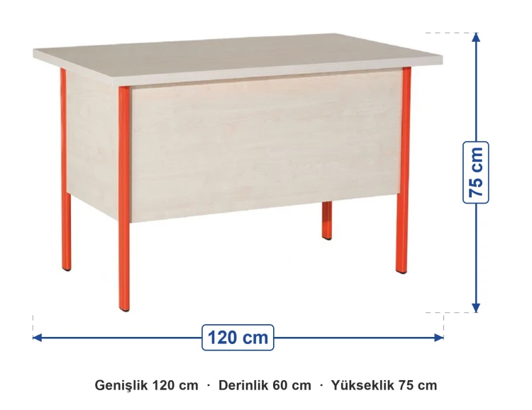 Metal Ayaklı Öğretmen Masası Kilitli Çekmeceli 120x60x75 cm ölçüleri: genişlik 120 cm, derinlik 60 cm, yükseklik 75 cm