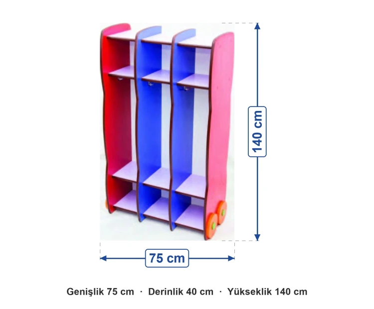 Renkli Vestiyer 3 Bölmeli 75x40x140 cm ölçüleri: genişlik 75 cm, derinlik 40 cm, yükseklik 140 cm