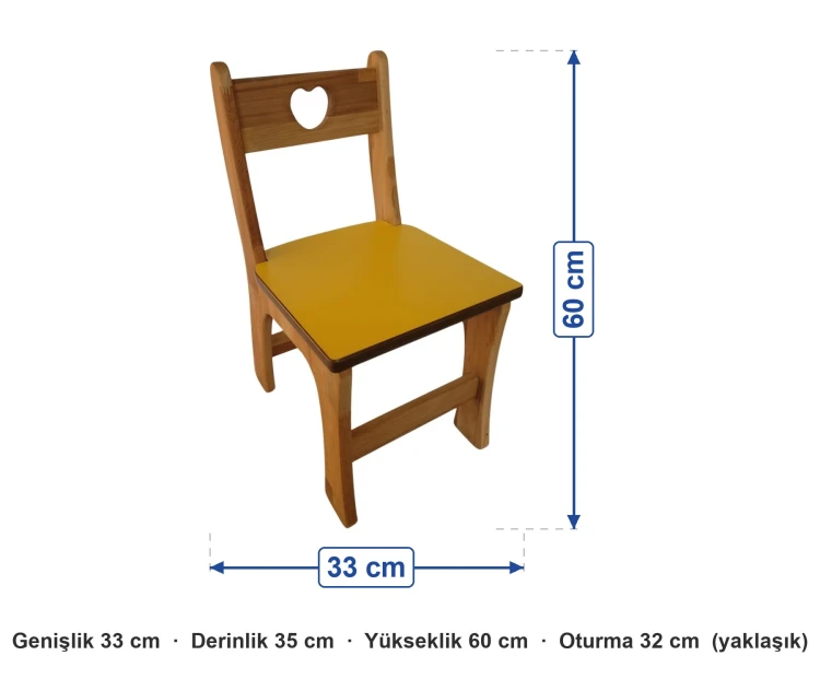 Kalp Detaylı Çam Masif MDF Oturaklı Sandalye ölçüleri: genişlik 33 cm, derinlik 35 cm, yükseklik 60 cm, oturma 32 cm (yaklaşık)