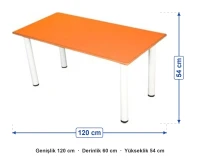 Turuncu Tablalı Beyaz Metal Ayaklı Masa 60x120 cm ölçüleri: genişlik 120 cm, derinlik 60 cm, yükseklik 54 cm
