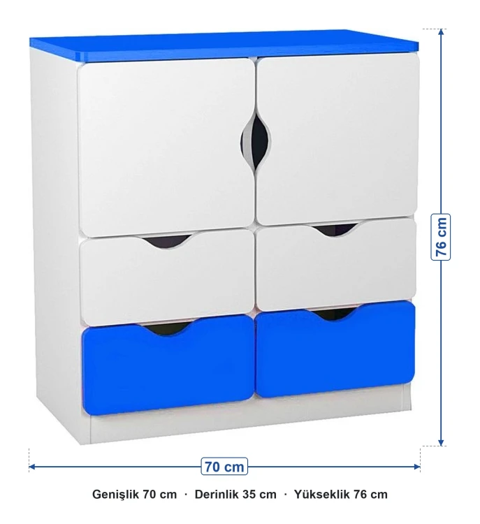 2 Kapaklı 4 Çekmeceli Mavi Beyaz Öğrenci Dolabı ölçüleri: genişlik 70 cm, derinlik 35 cm, yükseklik 76 cm