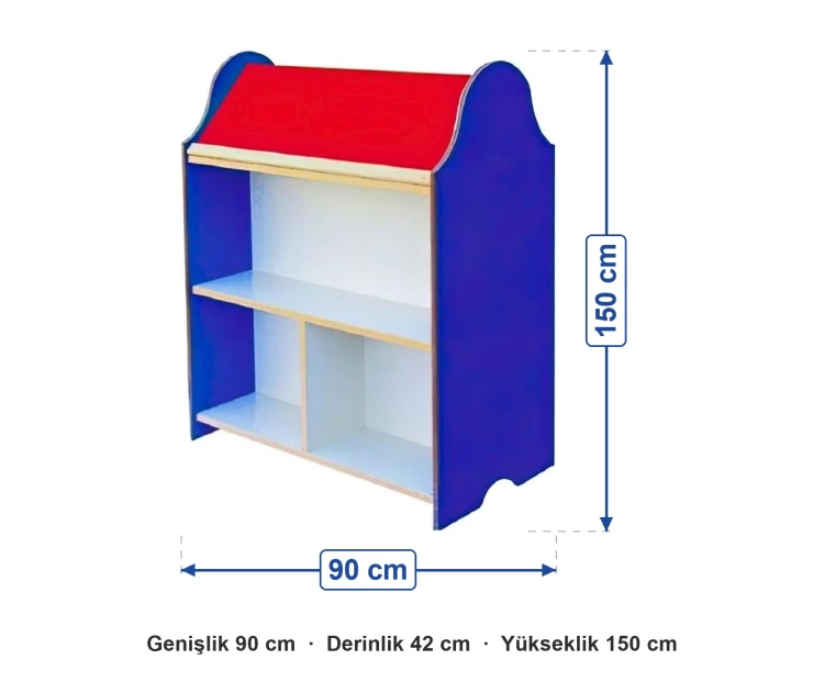 Çatılı Mavi Kitaplık 90x42x150 cm ölçüleri: genişlik 90 cm, derinlik 42 cm, yükseklik 150 cm