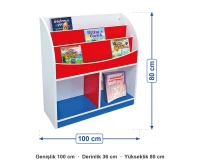 Anaokulu Ahşap Kırmızı Kitaplık ölçüleri: genişlik 100 cm, derinlik 36 cm, yükseklik 80 cm