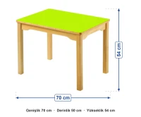 Yeşil Tablalı Küçük Ahşap Masa 70x50x54 cm ölçüleri: genişlik 70 cm, derinlik 50 cm, yükseklik 54 cm