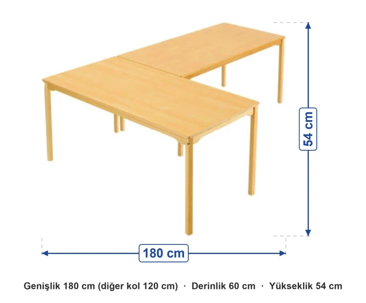 Naturel Ahşap L Köşe Masa Grubu ölçüleri: genişlik 180 cm (diğer kol 120 cm), derinlik 60 cm, yükseklik 54 cm