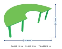 Ahşap Yeşil C Masa Metal Ayaklı ölçüleri: genişlik 180 cm, derinlik 60 cm, yükseklik 52 cm