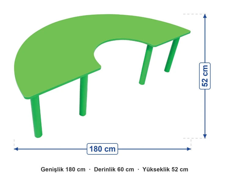 Ahşap Yeşil C Masa Metal Ayaklı ölçüleri: genişlik 180 cm, derinlik 60 cm, yükseklik 52 cm