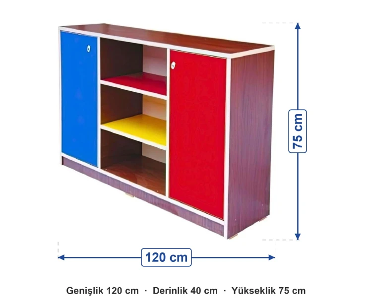 Açık Raflı İki Kapaklı Dolap 120x40x75 cm ölçüleri: genişlik 120 cm, derinlik 40 cm, yükseklik 75 cm