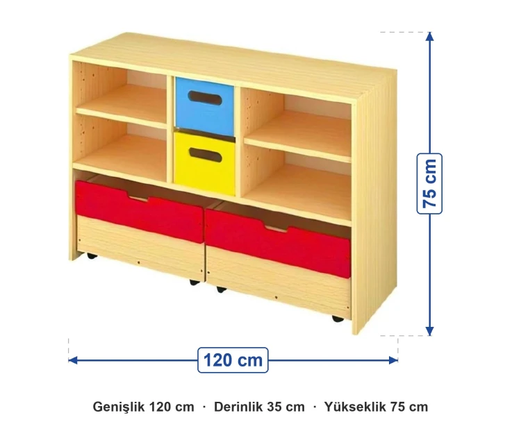 Altı Gözlü İki Sandıklı Dolap 120x35x75 cm ölçüleri: genişlik 120 cm, derinlik 35 cm, yükseklik 75 cm