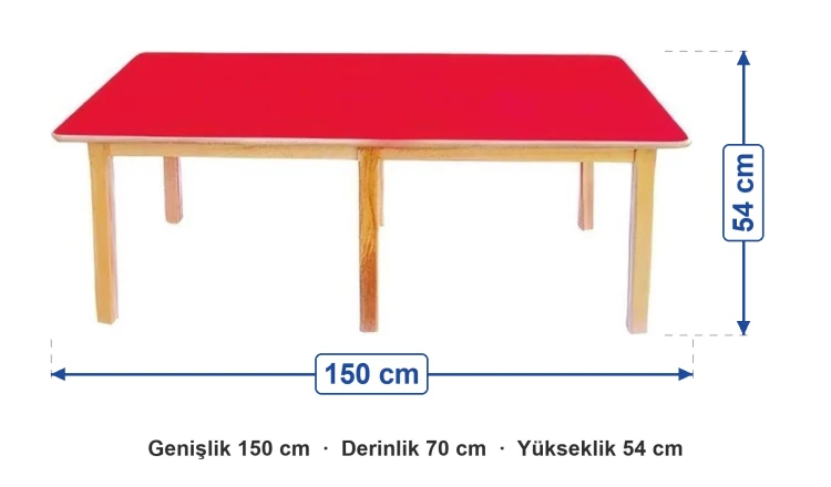 Ahşap Yemekhane Masası 150x70x54 cm ölçüleri: genişlik 150 cm, derinlik 70 cm, yükseklik 54 cm