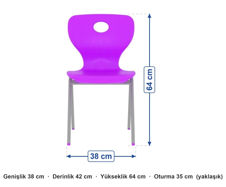 Monoblok Sandalye A Ayak Anaokulu Boy ölçüleri: genişlik 38 cm, derinlik 42 cm, yükseklik 64 cm, oturma 35 cm (yaklaşık)