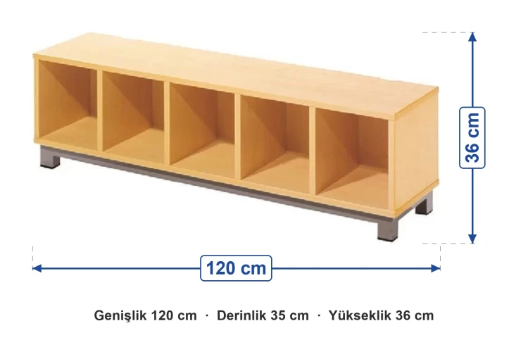 5 Gözlü Açık Ayakkabılık 120x36x35 cm ölçüleri: genişlik 120 cm, derinlik 35 cm, yükseklik 36 cm
