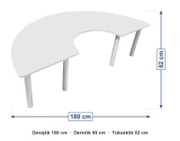Ahşap Beyaz C Masa Metal Ayaklı ölçüleri: genişlik 180 cm, derinlik 60 cm, yükseklik 52 cm
