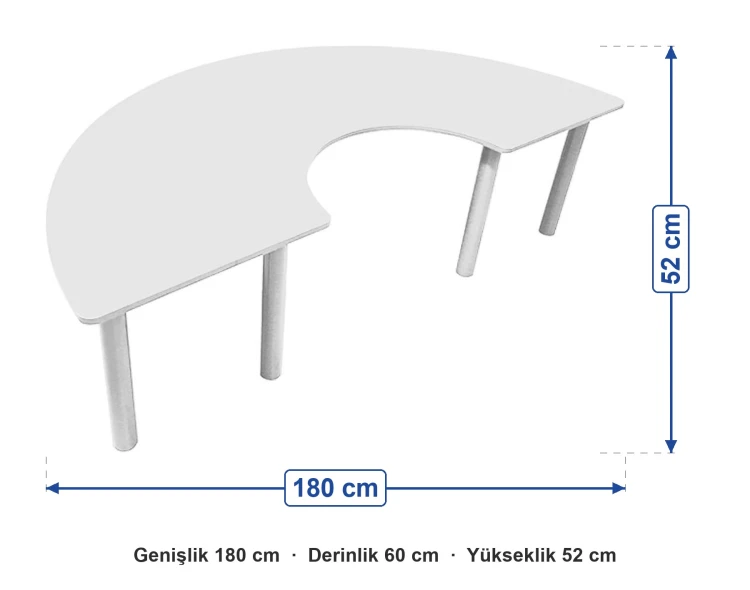 Ahşap Beyaz C Masa Metal Ayaklı ölçüleri: genişlik 180 cm, derinlik 60 cm, yükseklik 52 cm