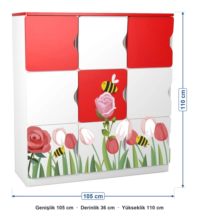 9 Kapaklı UV Baskılı Lale ve Gül Temalı Öğrenci Dolabı ölçüleri: genişlik 105 cm, derinlik 36 cm, yükseklik 110 cm