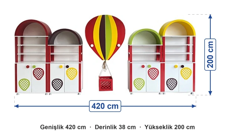 Balon Figürlü Dolap Seti 420x38x200 cm ölçüleri: genişlik 420 cm, derinlik 38 cm, yükseklik 200 cm