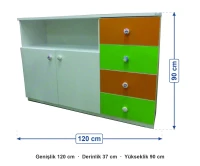 Çekmeceli ve Kapaklı Dolap 120x37x90 cm ölçüleri: genişlik 120 cm, derinlik 37 cm, yükseklik 90 cm