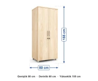 İki Kapaklı Ahşap Soyunma Dolabı 80x60x155 cm ölçüleri: genişlik 80 cm, derinlik 60 cm, yükseklik 155 cm