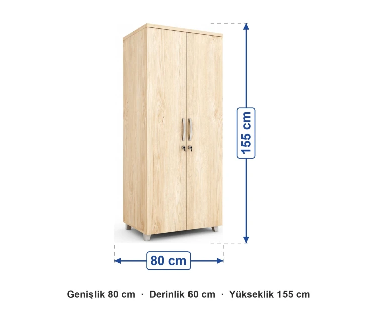 İki Kapaklı Ahşap Soyunma Dolabı 80x60x155 cm ölçüleri: genişlik 80 cm, derinlik 60 cm, yükseklik 155 cm