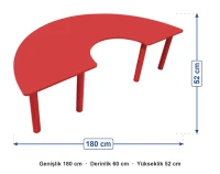 Ahşap Kırmızı C Masa Metal Ayaklı ölçüleri: genişlik 180 cm, derinlik 60 cm, yükseklik 52 cm