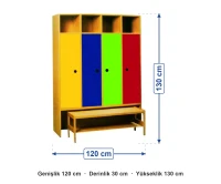 Dört Kapaklı Banklı Portmanto 120x30x130 cm ölçüleri: genişlik 120 cm, derinlik 30 cm, yükseklik 130 cm