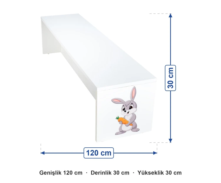 Tavşan Figürlü Bank 120x30x30 cm ölçüleri: genişlik 120 cm, derinlik 30 cm, yükseklik 30 cm