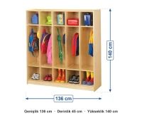 Ahşap Açık Vestiyer Üst Gözlü 136x45x140 cm ölçüleri: genişlik 136 cm, derinlik 45 cm, yükseklik 140 cm