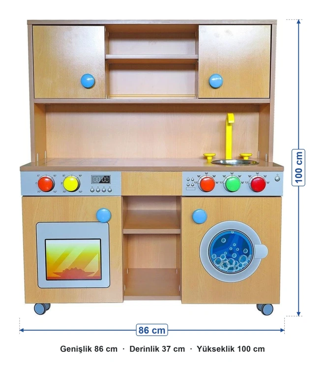 Ahşap naturel mutfak ölçüleri: genişlik 86 cm, derinlik 37 cm, yükseklik 100 cm