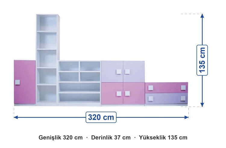 Pembe Grup Dolap Seti 320x37x135 cm ölçüleri: genişlik 320 cm, derinlik 37 cm, yükseklik 135 cm