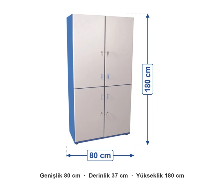 Dört Kişilik Ahşap Soyunma Dolabı 80x37x180 cm ölçüleri: genişlik 80 cm, derinlik 37 cm, yükseklik 180 cm