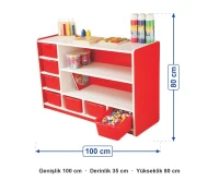 Kırmızı Kutulu Raflı Dolap 100x35x80 cm ölçüleri: genişlik 100 cm, derinlik 35 cm, yükseklik 80 cm