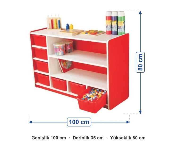 Kırmızı Kutulu Raflı Dolap 100x35x80 cm ölçüleri: genişlik 100 cm, derinlik 35 cm, yükseklik 80 cm