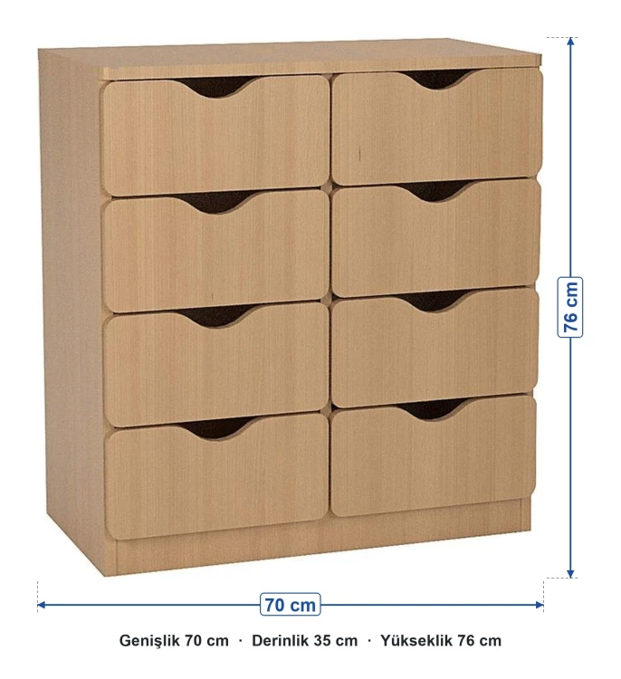 8 Çekmeceli Kayın Öğrenci Dolabı ölçüleri: genişlik 70 cm, derinlik 35 cm, yükseklik 76 cm