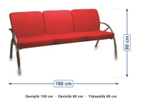 Metal Ayaklı Üçlü Bekleme Koltuğu 150 cm ölçüleri: genişlik 150 cm, derinlik 60 cm, yükseklik 80 cm