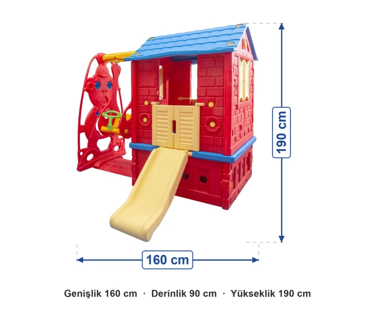 Kaydıraklı Salıncaklı Oyun Evi Kırmızı ölçüleri: genişlik 160 cm, derinlik 90 cm, yükseklik 190 cm