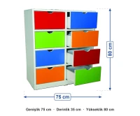 8 Çekmeceli Dolap 75x35x80 cm ölçüleri: genişlik 75 cm, derinlik 35 cm, yükseklik 80 cm
