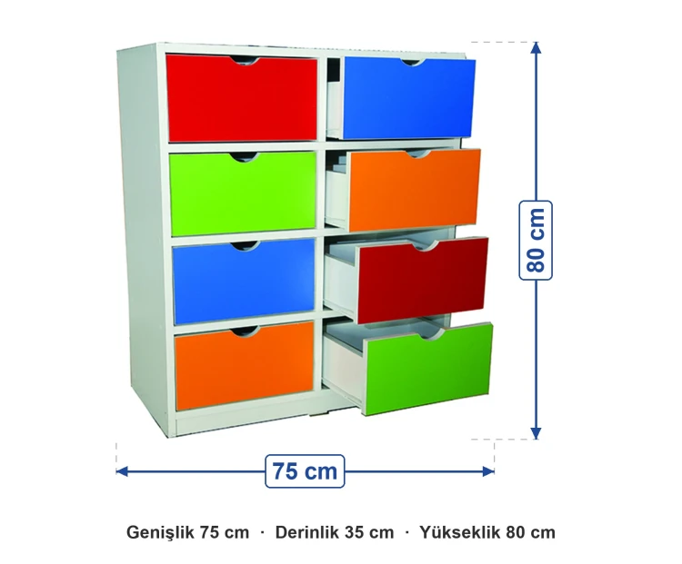 8 Çekmeceli Dolap 75x35x80 cm ölçüleri: genişlik 75 cm, derinlik 35 cm, yükseklik 80 cm