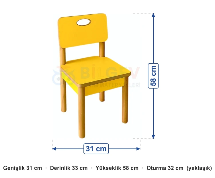 Sarı Ahşap Anaokulu Sandalye ölçüleri: genişlik 31 cm, derinlik 33 cm, yükseklik 58 cm, oturma 32 cm (yaklaşık)