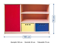 Kapaklı Raflı Kutulu Dolap 100x35x75 cm ölçüleri: genişlik 100 cm, derinlik 35 cm, yükseklik 75 cm