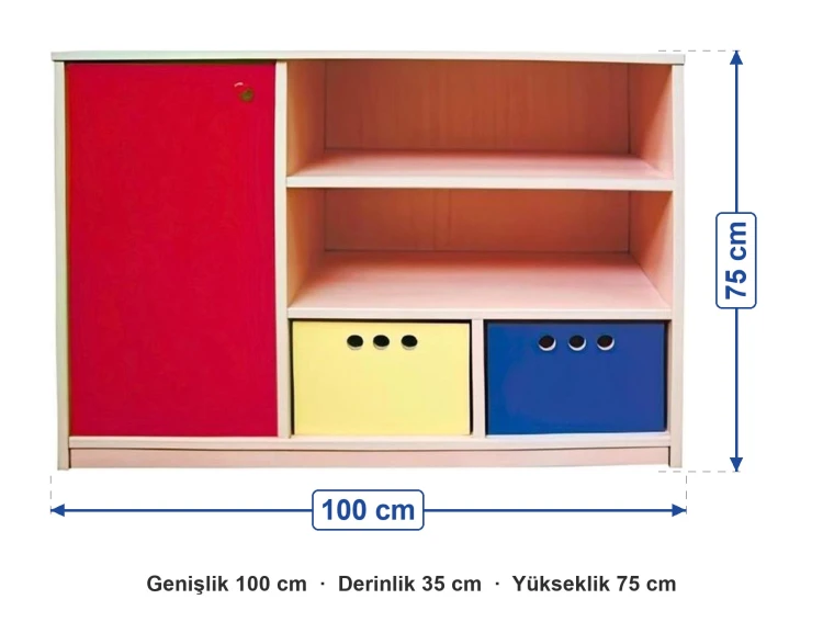 Kapaklı Raflı Kutulu Dolap 100x35x75 cm ölçüleri: genişlik 100 cm, derinlik 35 cm, yükseklik 75 cm
