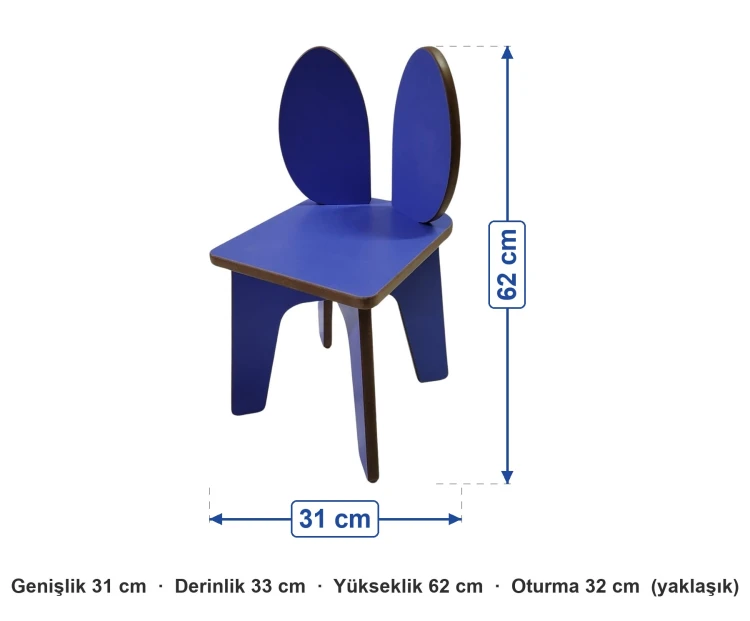 Tavşan Figürlü Ahşap Çocuk Sandalyesi ölçüleri: genişlik 31 cm, derinlik 33 cm, yükseklik 62 cm, oturma 32 cm (yaklaşık)