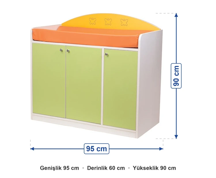 Kapaklı Alt Değiştirme Dolabı 95x60x90 cm ölçüleri: genişlik 95 cm, derinlik 60 cm, yükseklik 90 cm