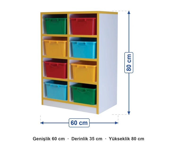 Renkli 8 Gözlü Kutulu Oyuncak Dolabı 60x35x80 cm ölçüleri: genişlik 60 cm, derinlik 35 cm, yükseklik 80 cm