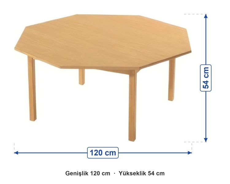 Sekizgen Ahşap Keşif Masası 120 cm ölçüleri: genişlik 120 cm, yükseklik 54 cm