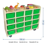 16 gözlü portfolyo dolabı ölçüleri: genişlik 109 cm, derinlik 40 cm, yükseklik 87 cm
