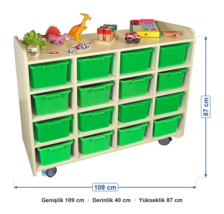 16 gözlü portfolyo dolabı ölçüleri: genişlik 109 cm, derinlik 40 cm, yükseklik 87 cm