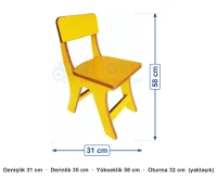Sarı Ahşap Anaokulu Sandalye ölçüleri: genişlik 31 cm, derinlik 35 cm, yükseklik 58 cm, oturma 32 cm (yaklaşık)