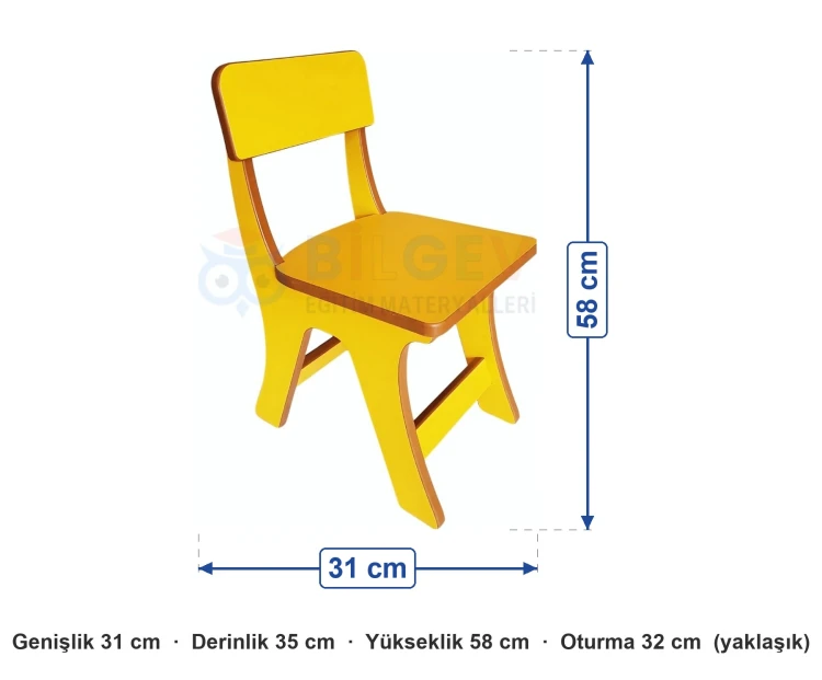 Sarı Ahşap Anaokulu Sandalye ölçüleri: genişlik 31 cm, derinlik 35 cm, yükseklik 58 cm, oturma 32 cm (yaklaşık)