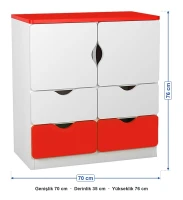 2 Kapaklı 4 Çekmeceli Kırmızı Beyaz Öğrenci Dolabı ölçüleri: genişlik 70 cm, derinlik 35 cm, yükseklik 76 cm