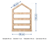 Ahşap ev şeklinde 4 raflı duvar kitaplığı ölçüleri: genişlik 90 cm, derinlik 11 cm, yükseklik 135 cm, çatı kenarı 65 cm